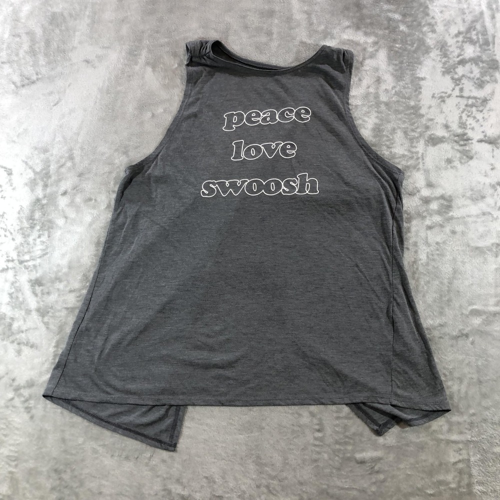 Nike Dri-FIT Tank Top Womens Medium Gray Peace Love Swoosh Open Back BV4371-010